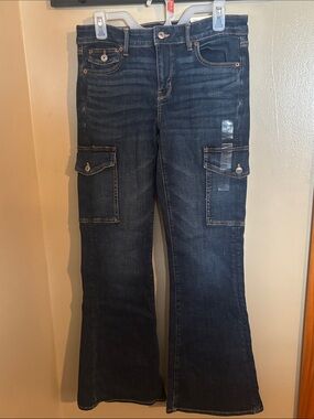 American Eagle Outfitters Dark Blue Stretch Denim Cargo Flare Jeans